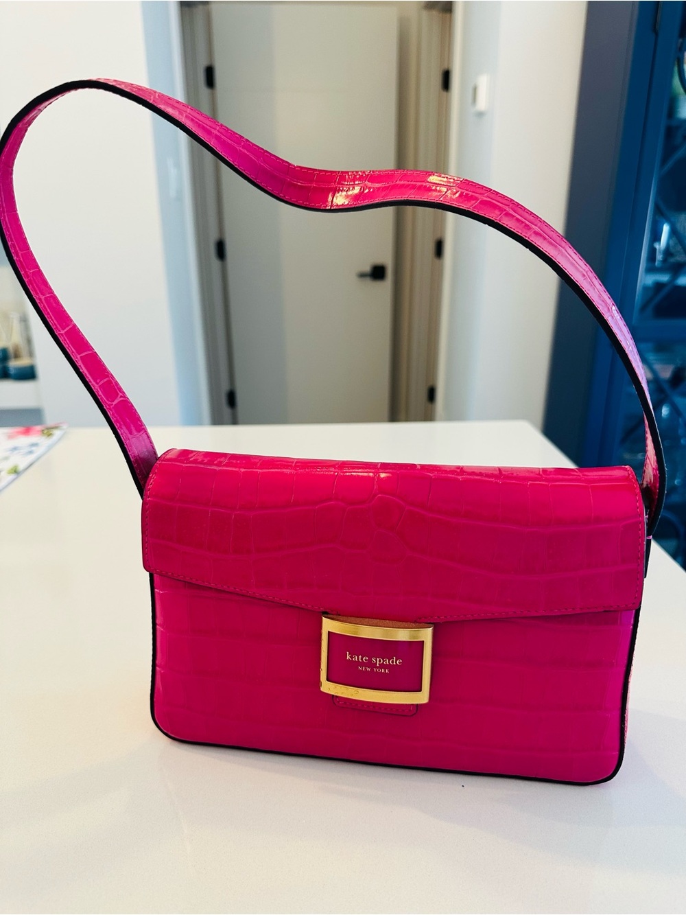 kate spade Hot Pink Croc-Embossed Shoulder Bag with Gold Plaque NWOT